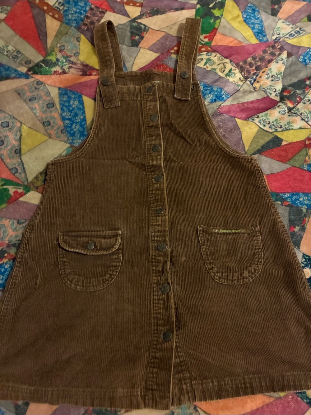 Corduroy Button-Front Pinafore Jumpsuit Dress in Brown